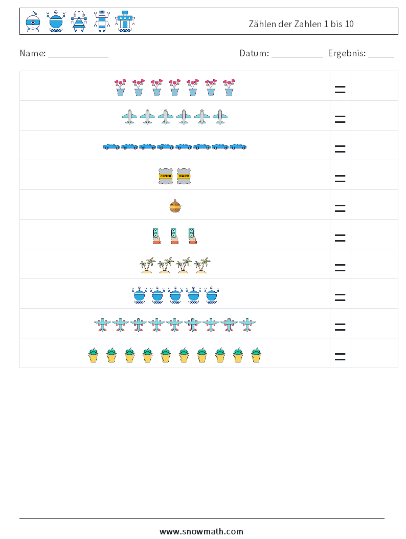 Zählen der Zahlen 1 bis 10 Mathe-Arbeitsblätter 3