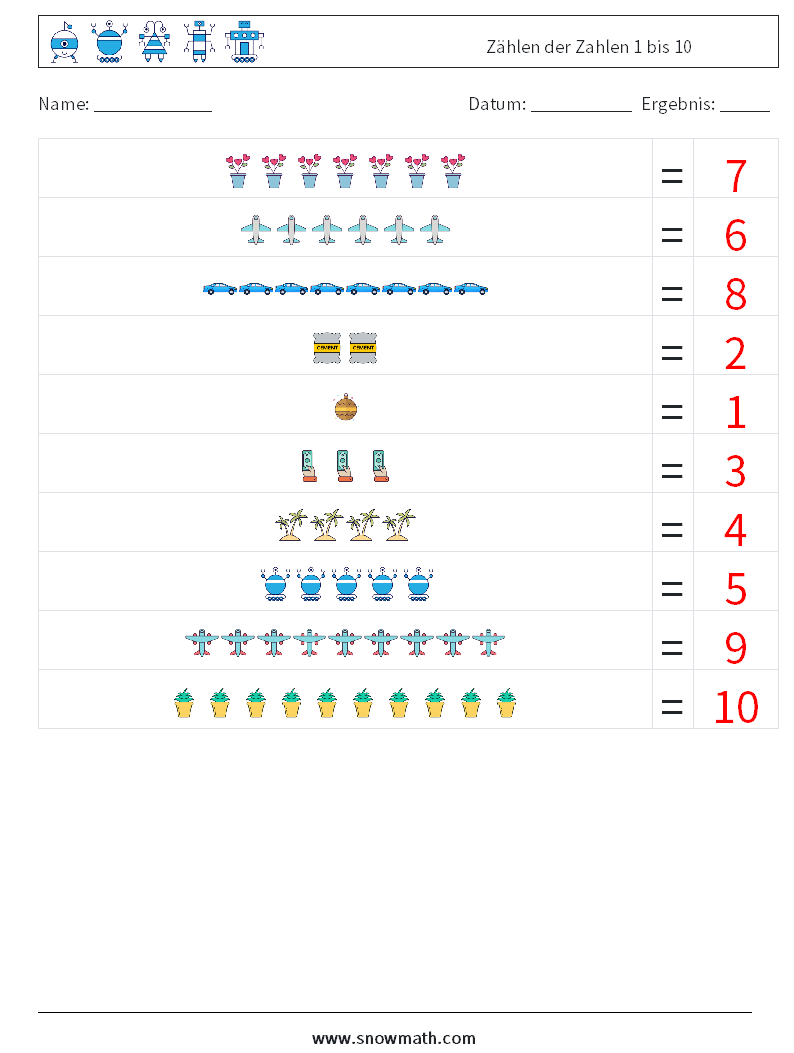 Zählen der Zahlen 1 bis 10 Mathe-Arbeitsblätter 3 Frage, Antwort