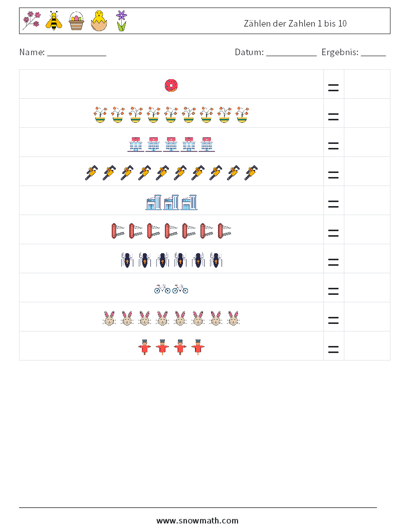 Zählen der Zahlen 1 bis 10 Mathe-Arbeitsblätter 4