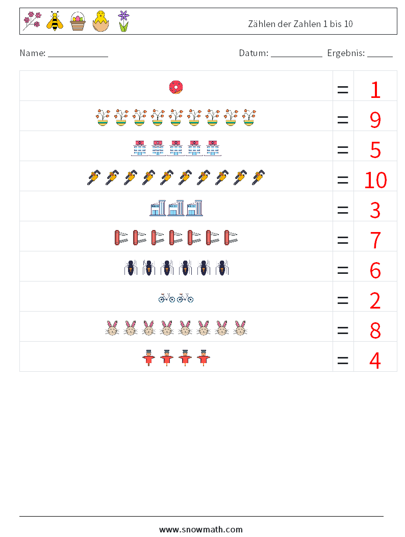Zählen der Zahlen 1 bis 10 Mathe-Arbeitsblätter 4 Frage, Antwort