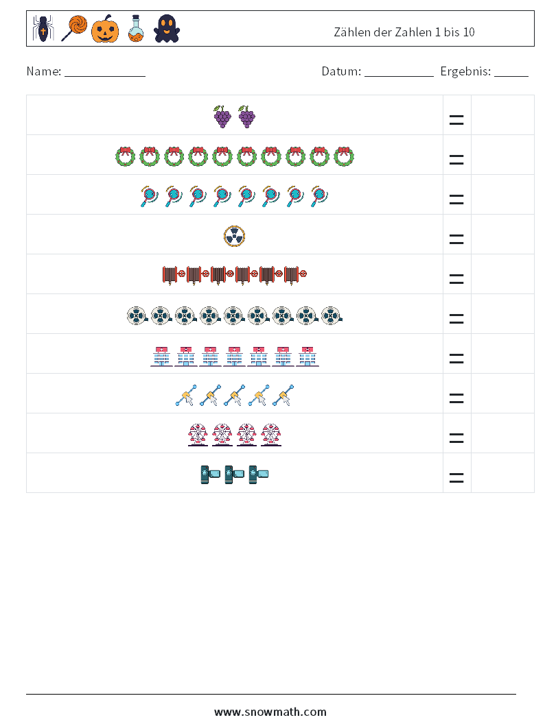 Zählen der Zahlen 1 bis 10 Mathe-Arbeitsblätter 5