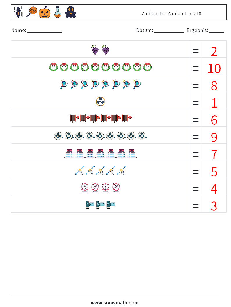 Zählen der Zahlen 1 bis 10 Mathe-Arbeitsblätter 5 Frage, Antwort