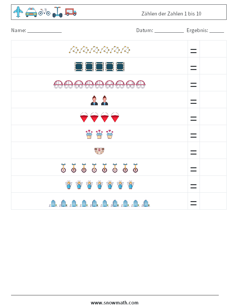 Zählen der Zahlen 1 bis 10 Mathe-Arbeitsblätter 6