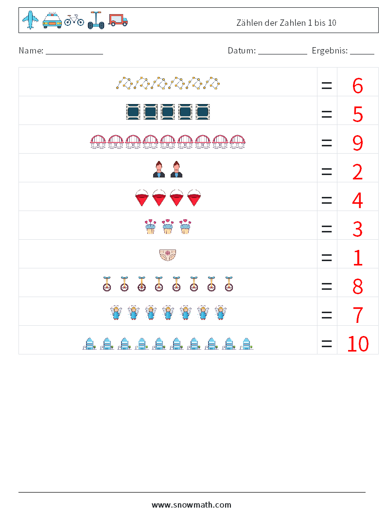 Zählen der Zahlen 1 bis 10 Mathe-Arbeitsblätter 6 Frage, Antwort