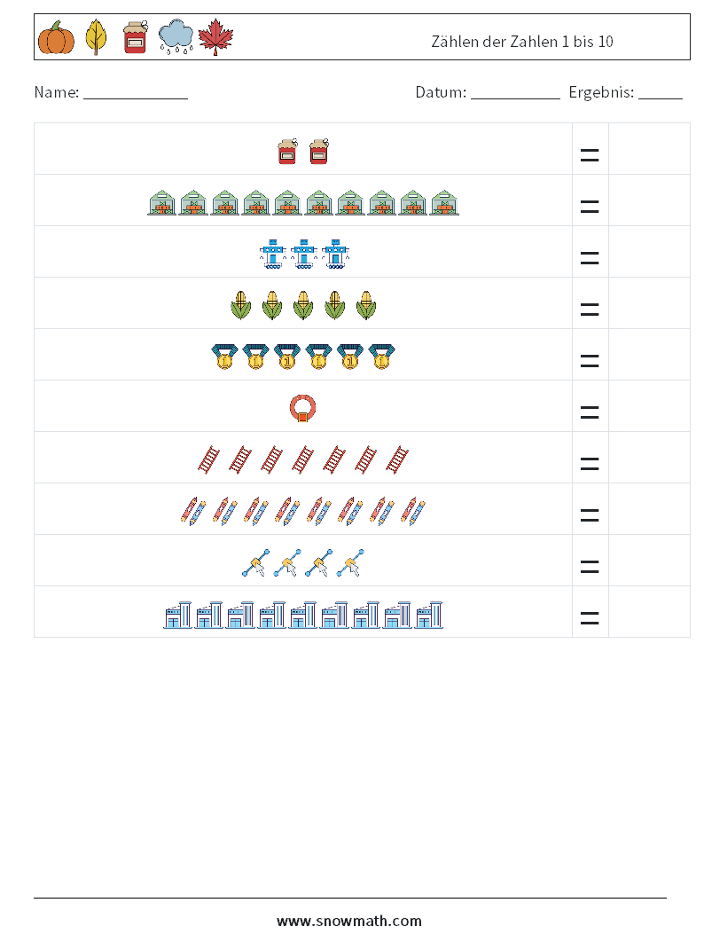 Zählen der Zahlen 1 bis 10 Mathe-Arbeitsblätter 7
