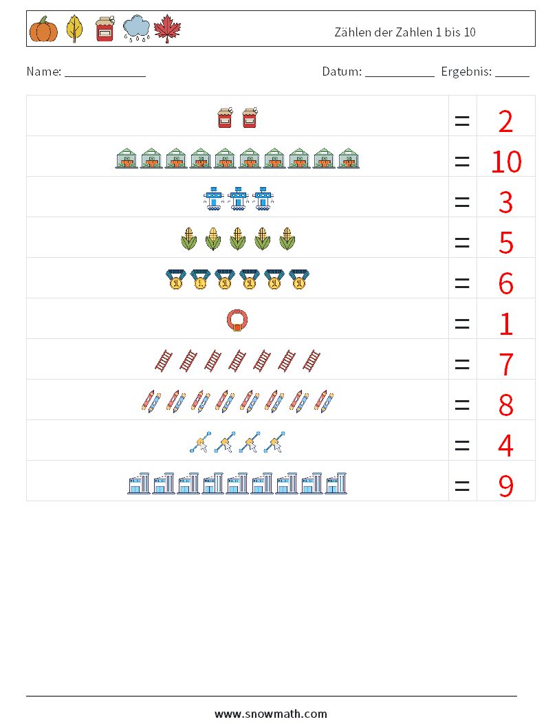 Zählen der Zahlen 1 bis 10 Mathe-Arbeitsblätter 7 Frage, Antwort