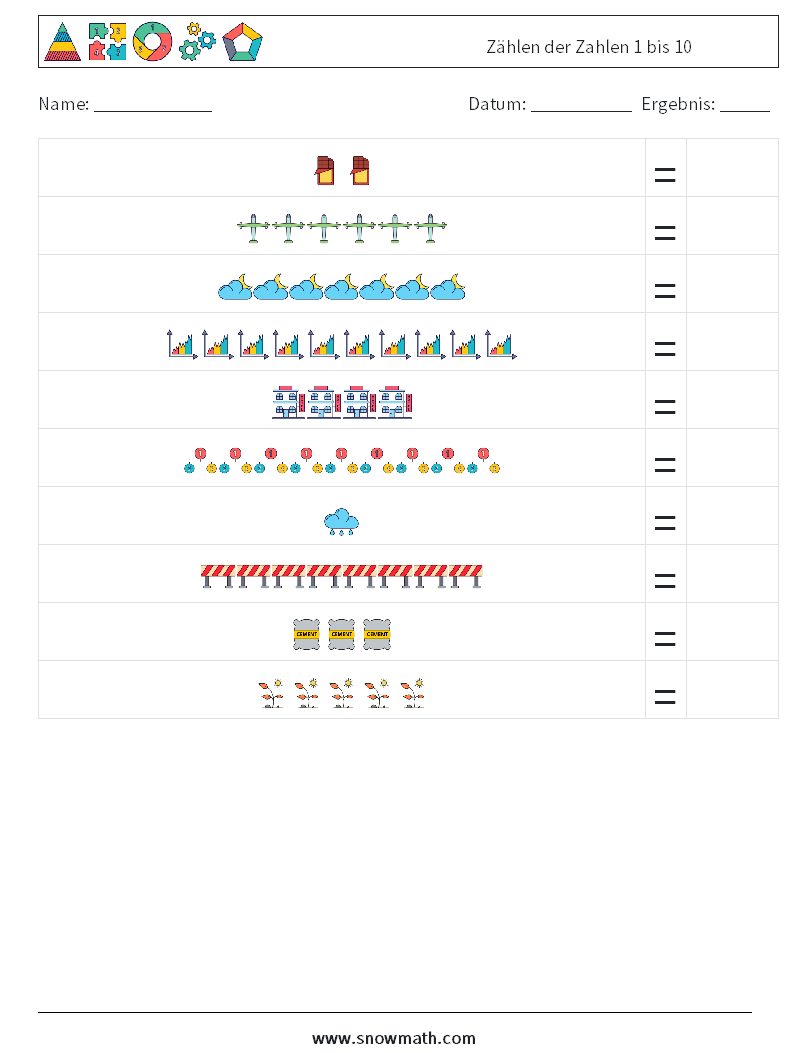Zählen der Zahlen 1 bis 10 Mathe-Arbeitsblätter 8