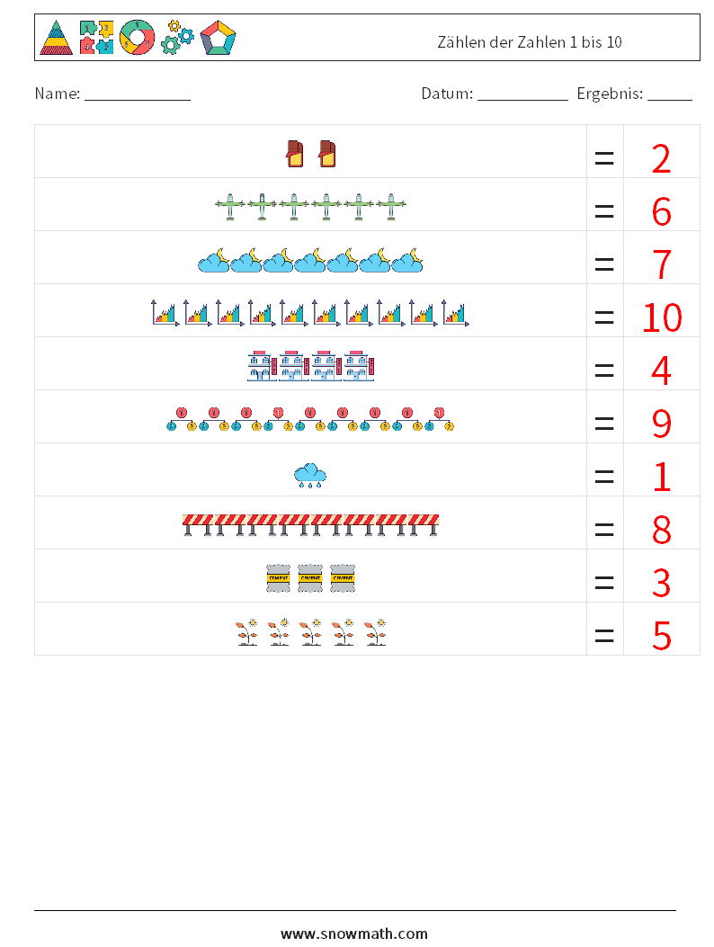 Zählen der Zahlen 1 bis 10 Mathe-Arbeitsblätter 8 Frage, Antwort