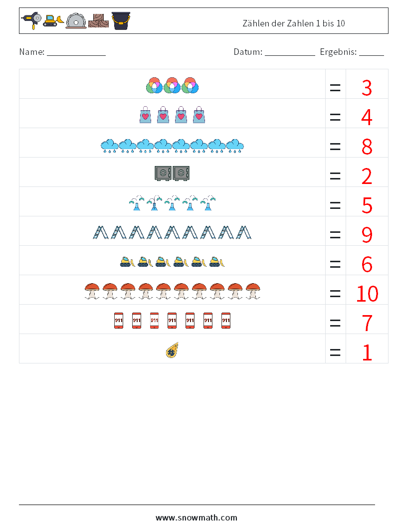 Zählen der Zahlen 1 bis 10 Mathe-Arbeitsblätter 9 Frage, Antwort