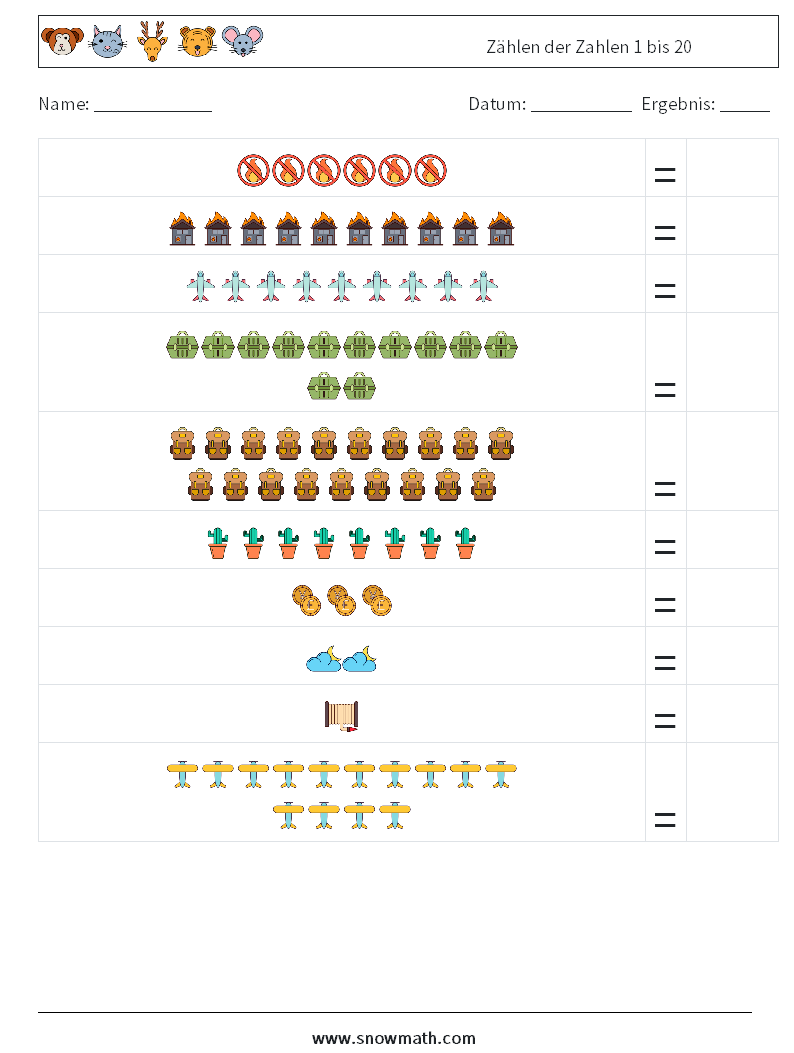 Zählen der Zahlen 1 bis 20 Mathe-Arbeitsblätter 1