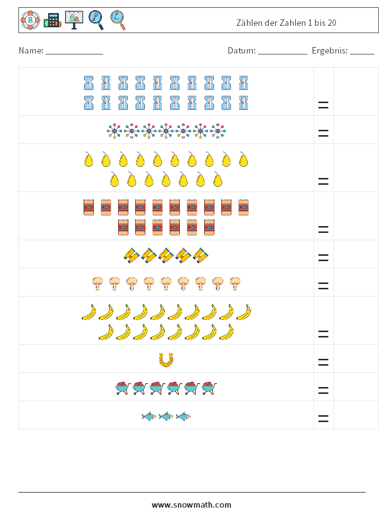 Zählen der Zahlen 1 bis 20 Mathe-Arbeitsblätter 10