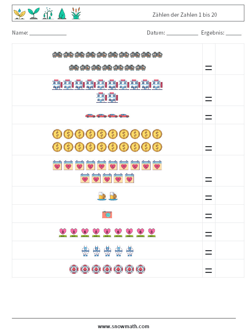 Zählen der Zahlen 1 bis 20 Mathe-Arbeitsblätter 11