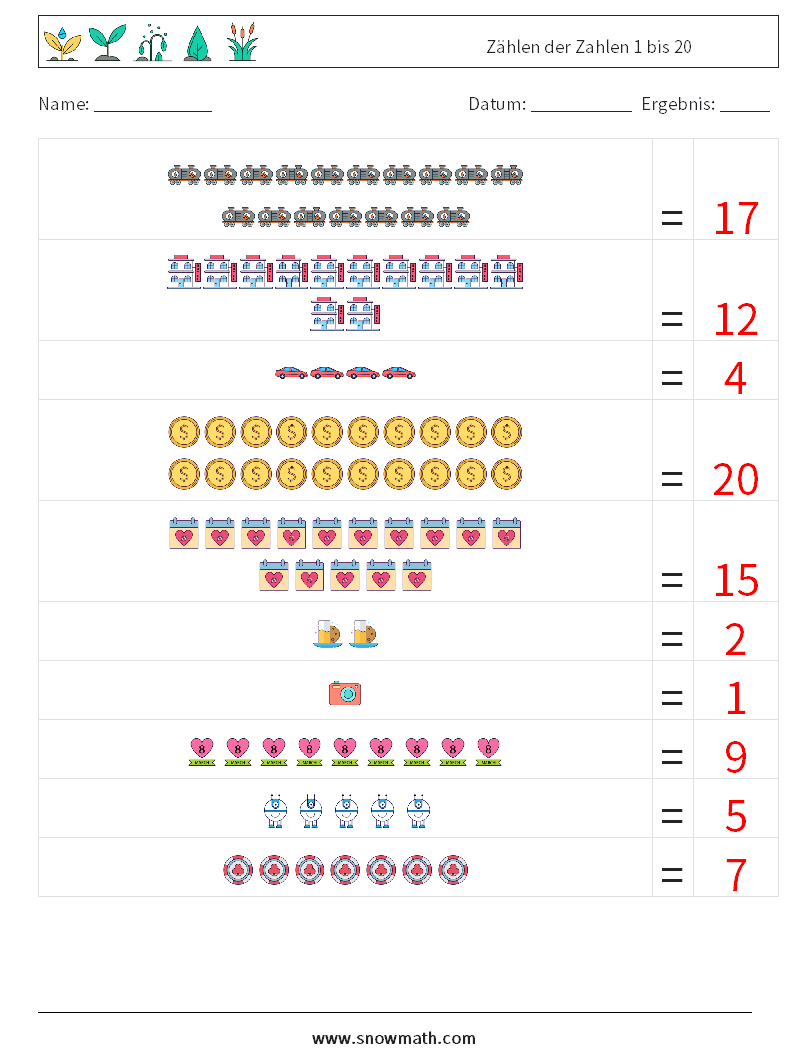 Zählen der Zahlen 1 bis 20 Mathe-Arbeitsblätter 11 Frage, Antwort