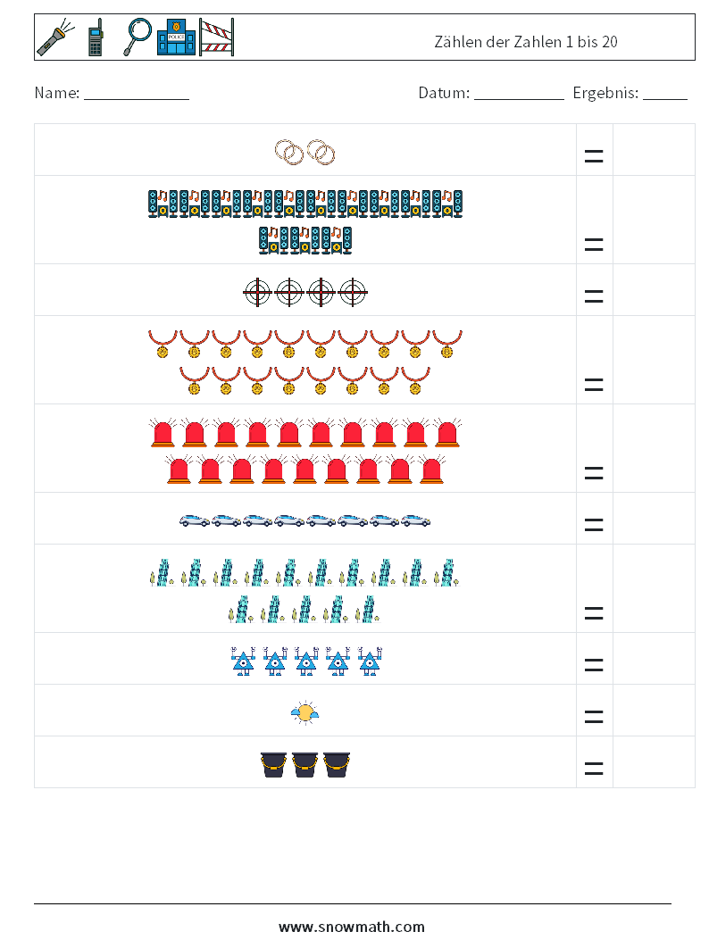 Zählen der Zahlen 1 bis 20 Mathe-Arbeitsblätter 12
