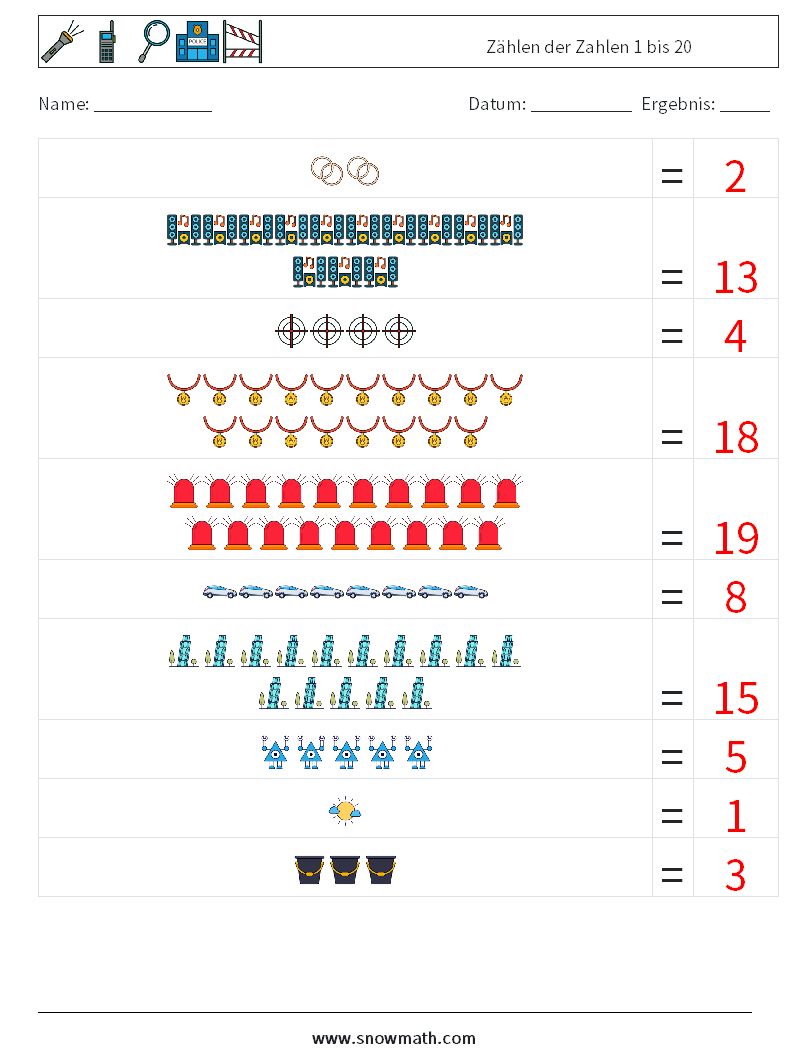 Zählen der Zahlen 1 bis 20 Mathe-Arbeitsblätter 12 Frage, Antwort