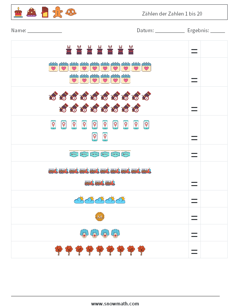 Zählen der Zahlen 1 bis 20 Mathe-Arbeitsblätter 13