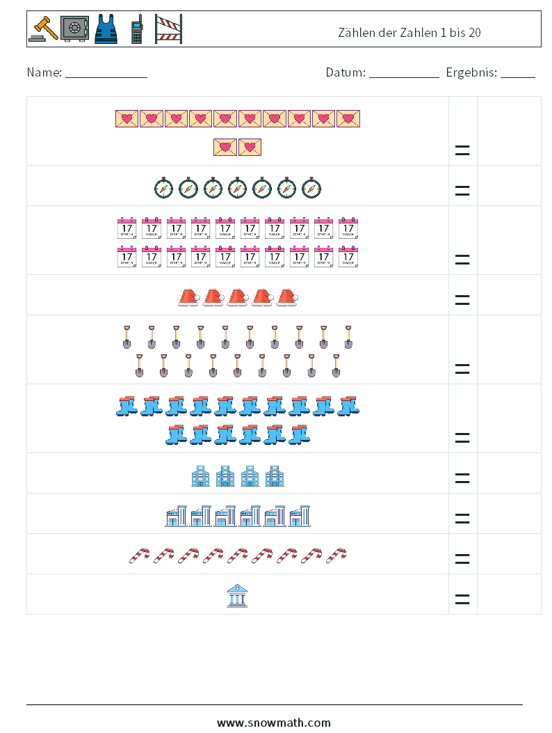 Zählen der Zahlen 1 bis 20 Mathe-Arbeitsblätter 14