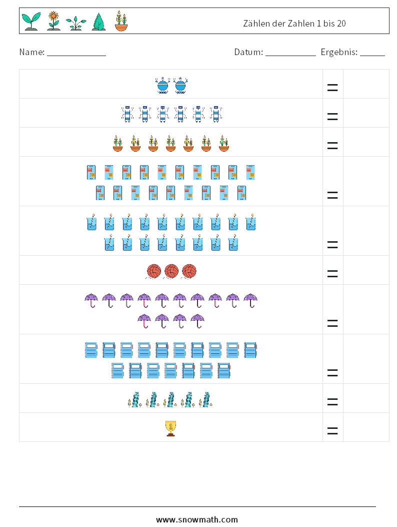 Zählen der Zahlen 1 bis 20 Mathe-Arbeitsblätter 15