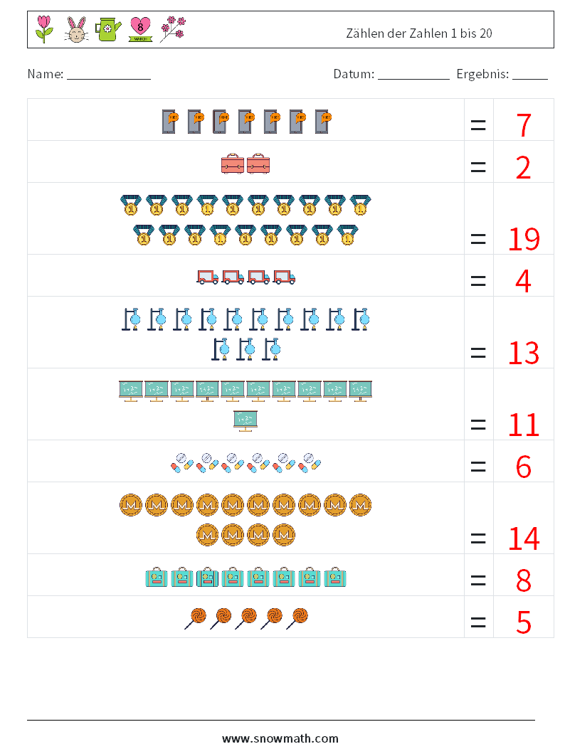 Zählen der Zahlen 1 bis 20 Mathe-Arbeitsblätter 16 Frage, Antwort