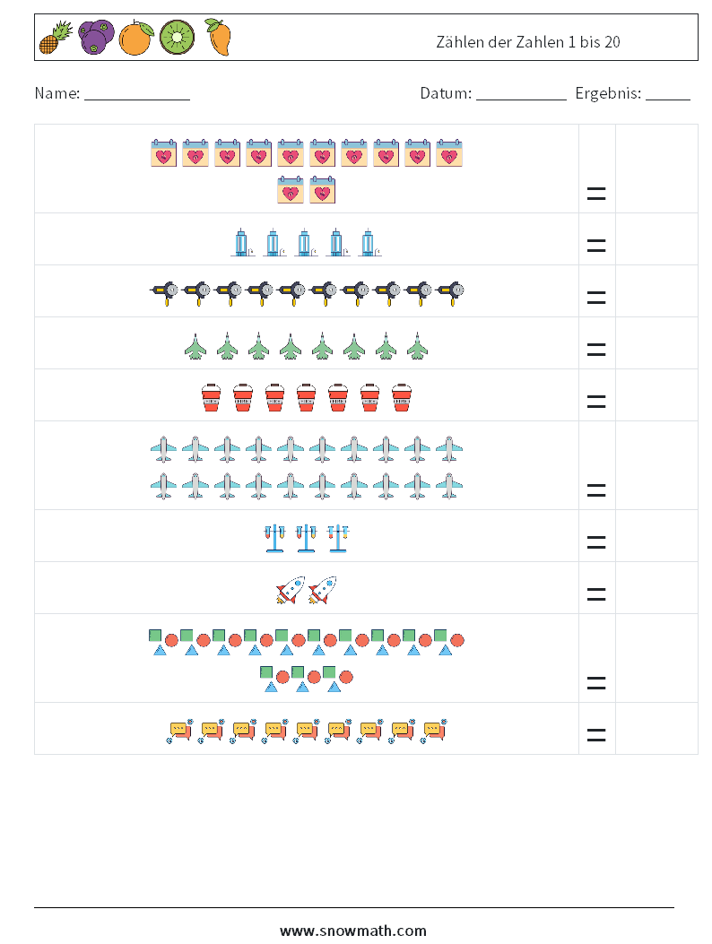 Zählen der Zahlen 1 bis 20 Mathe-Arbeitsblätter 17