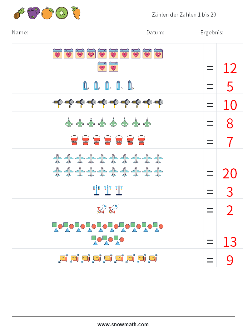 Zählen der Zahlen 1 bis 20 Mathe-Arbeitsblätter 17 Frage, Antwort