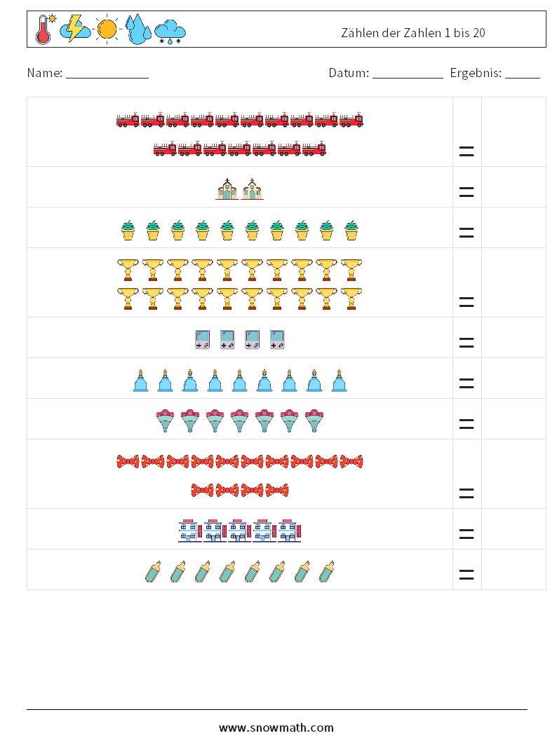 Zählen der Zahlen 1 bis 20 Mathe-Arbeitsblätter 18