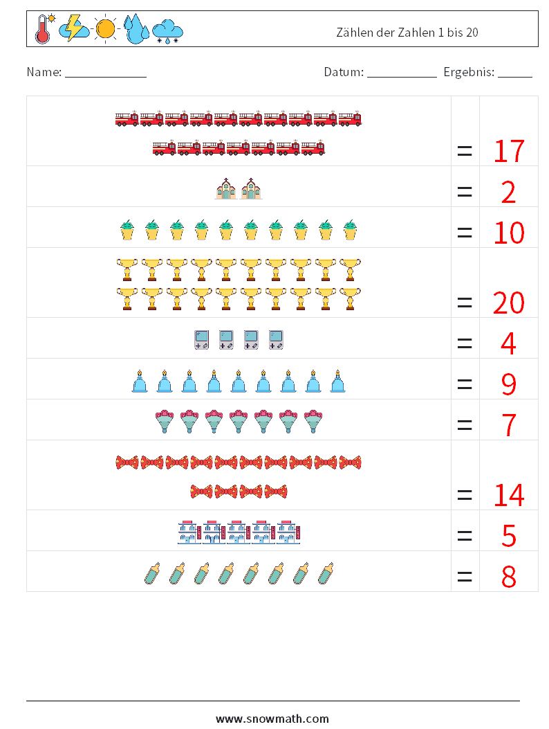 Zählen der Zahlen 1 bis 20 Mathe-Arbeitsblätter 18 Frage, Antwort
