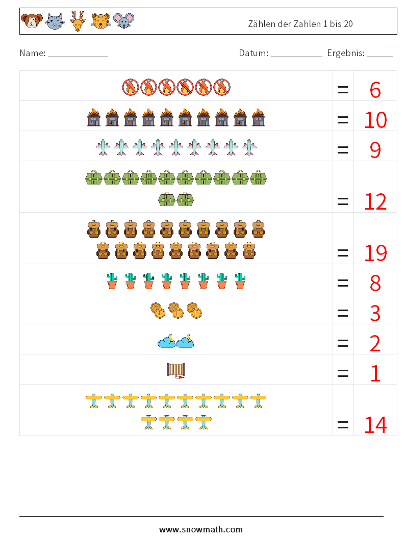 Zählen der Zahlen 1 bis 20 Mathe-Arbeitsblätter 1 Frage, Antwort