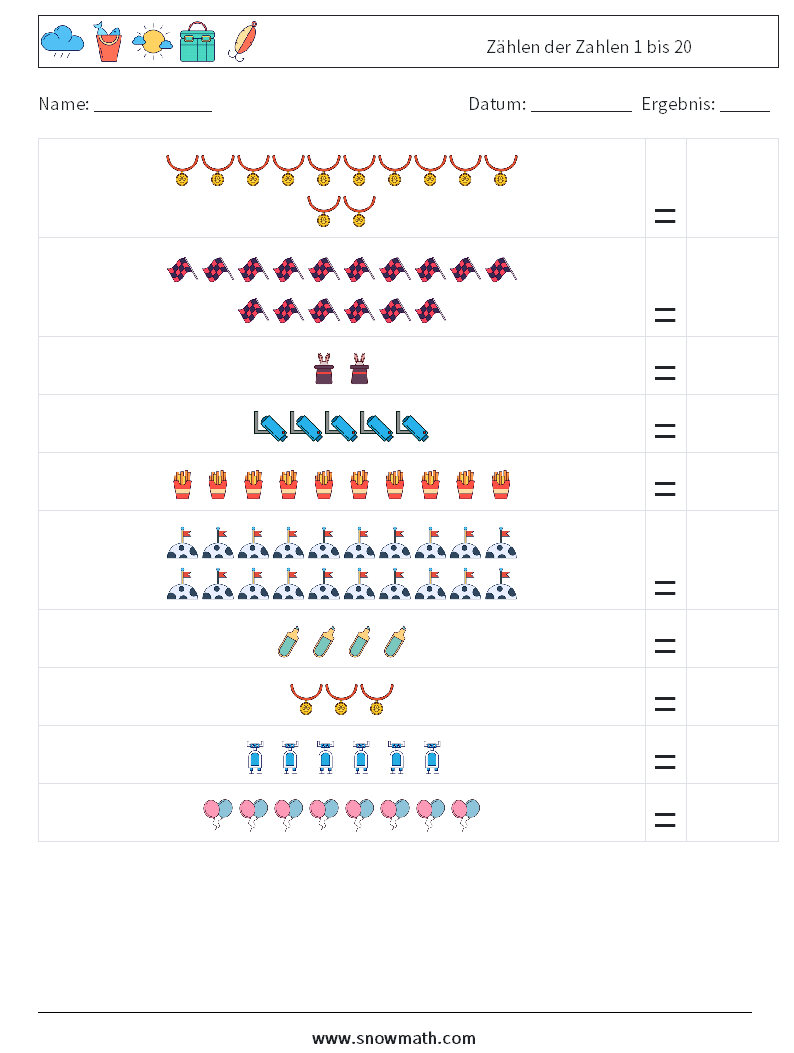 Zählen der Zahlen 1 bis 20 Mathe-Arbeitsblätter 2