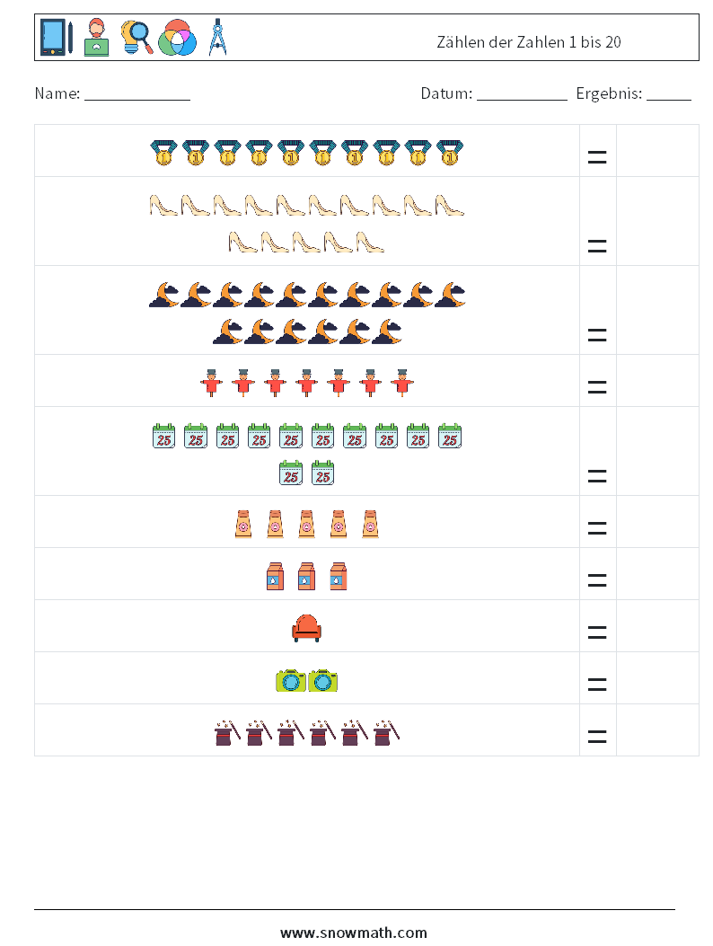 Zählen der Zahlen 1 bis 20 Mathe-Arbeitsblätter 3