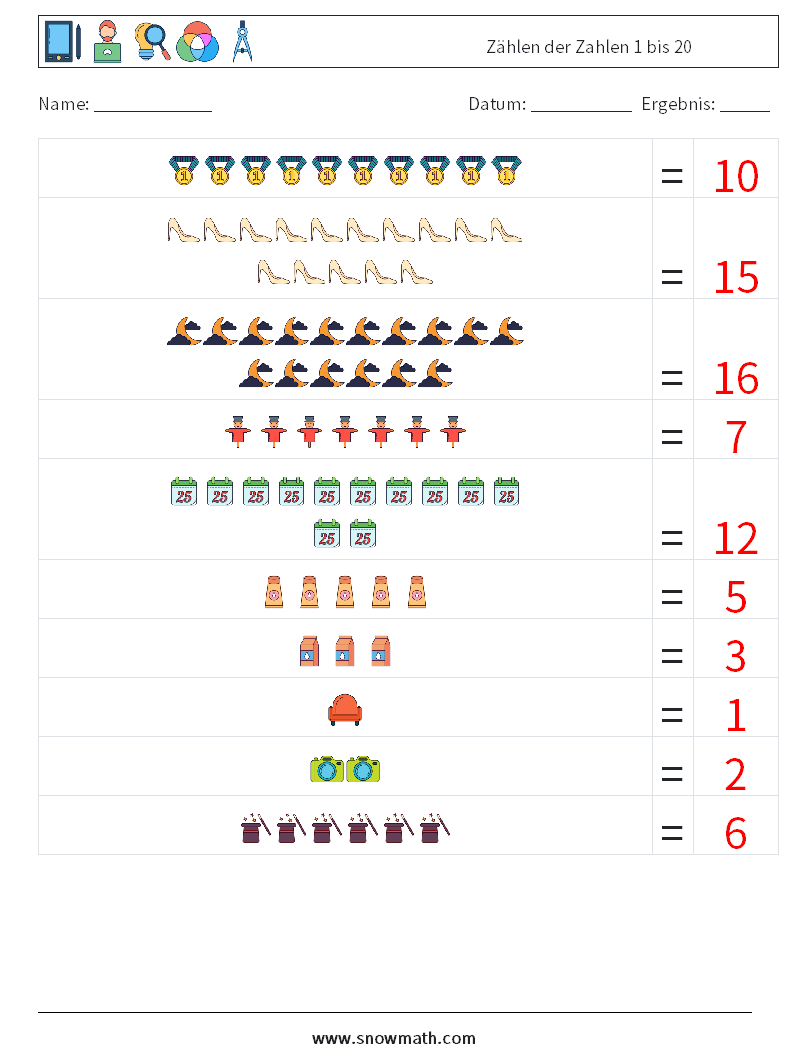 Zählen der Zahlen 1 bis 20 Mathe-Arbeitsblätter 3 Frage, Antwort