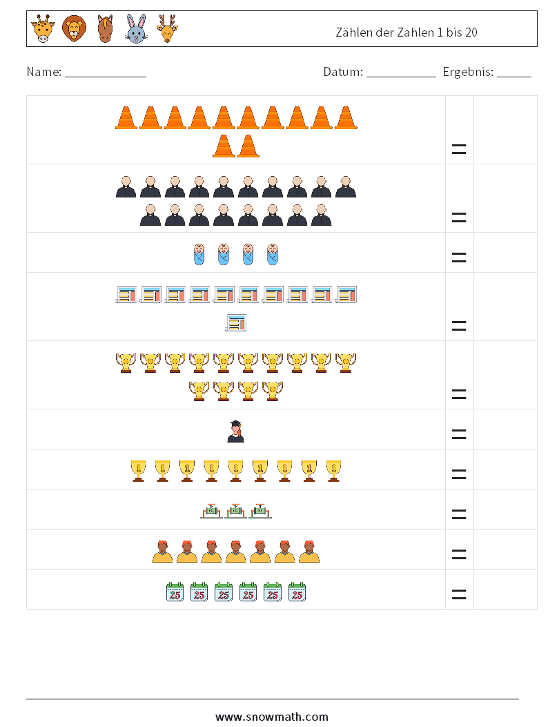 Zählen der Zahlen 1 bis 20 Mathe-Arbeitsblätter 4