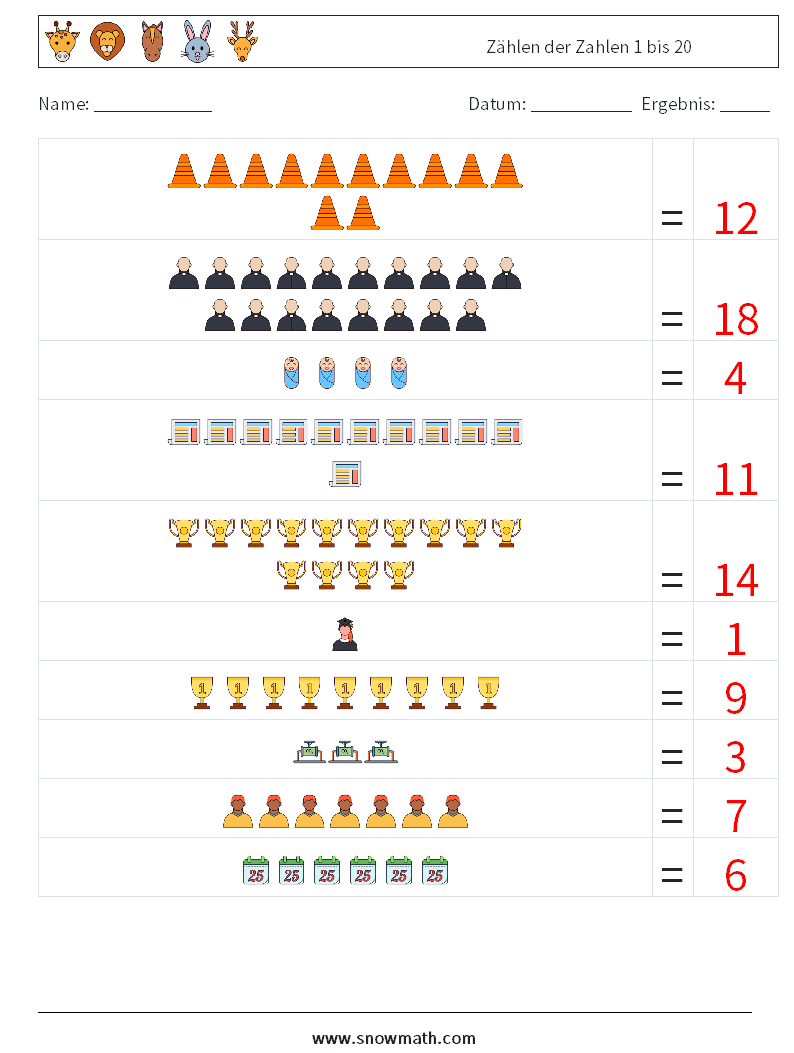 Zählen der Zahlen 1 bis 20 Mathe-Arbeitsblätter 4 Frage, Antwort