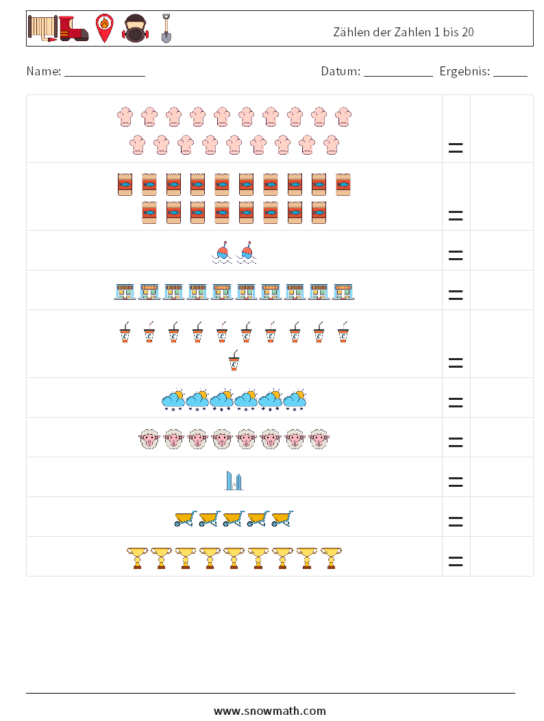 Zählen der Zahlen 1 bis 20 Mathe-Arbeitsblätter 5