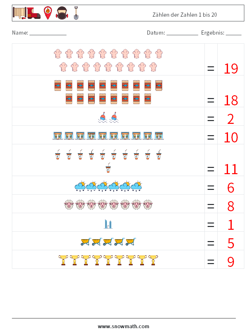 Zählen der Zahlen 1 bis 20 Mathe-Arbeitsblätter 5 Frage, Antwort