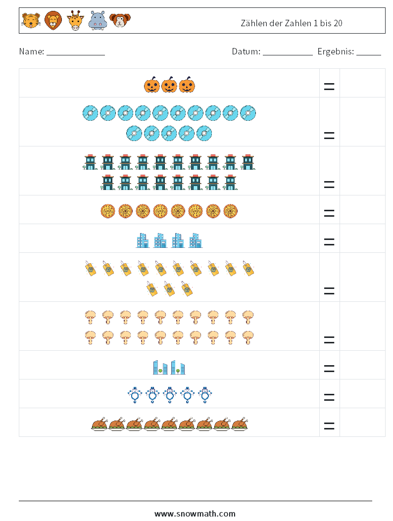 Zählen der Zahlen 1 bis 20 Mathe-Arbeitsblätter 6