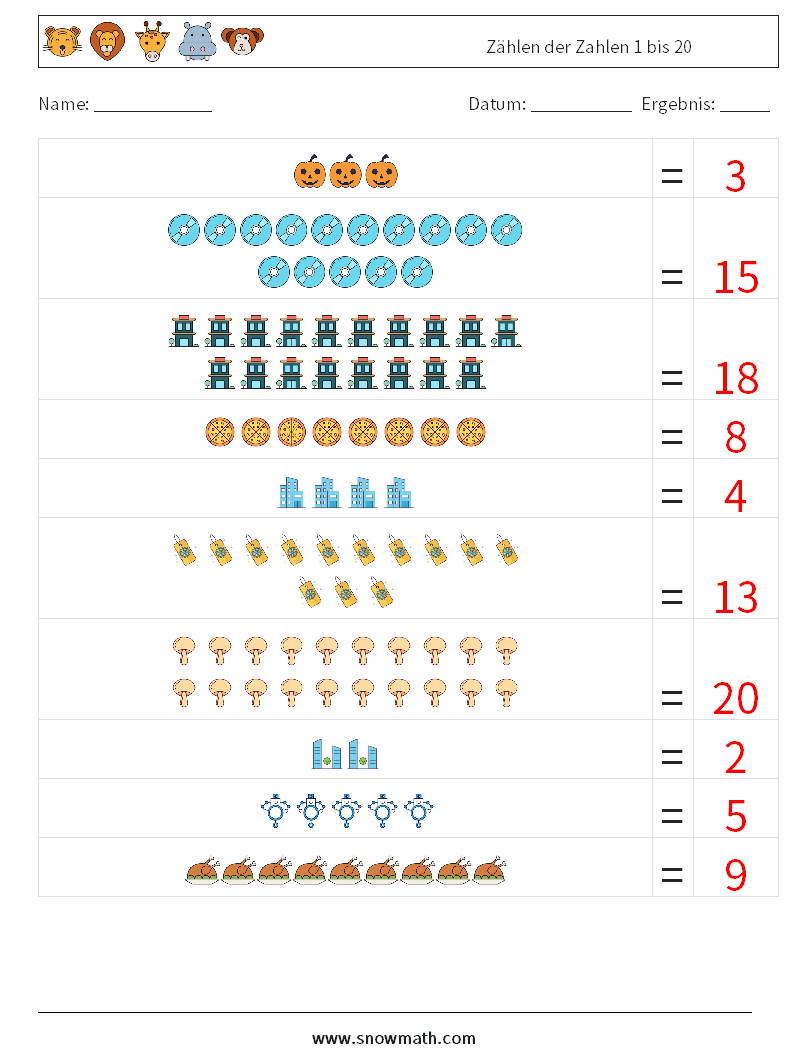 Zählen der Zahlen 1 bis 20 Mathe-Arbeitsblätter 6 Frage, Antwort