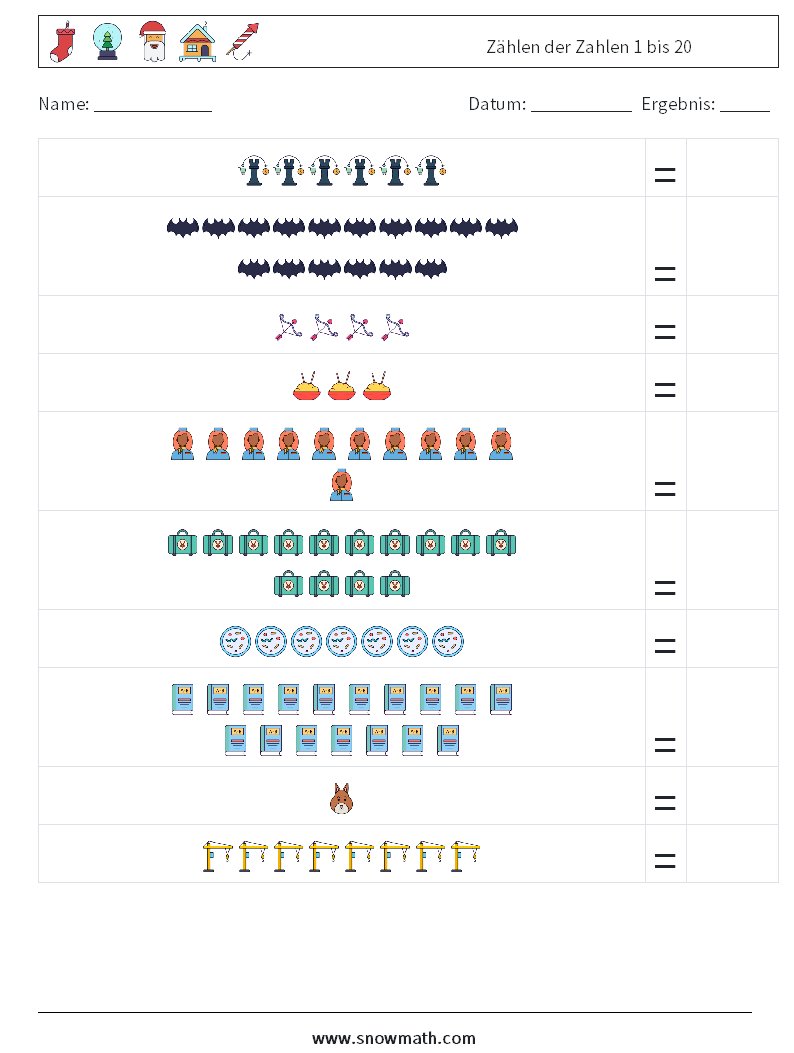 Zählen der Zahlen 1 bis 20 Mathe-Arbeitsblätter 7