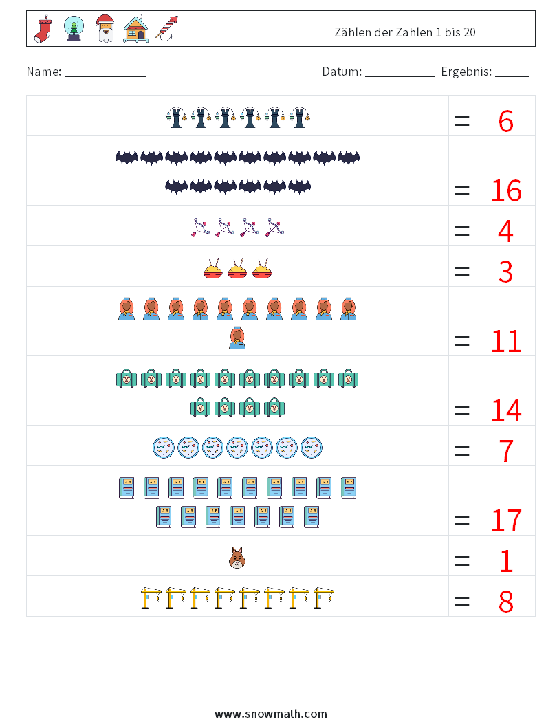 Zählen der Zahlen 1 bis 20 Mathe-Arbeitsblätter 7 Frage, Antwort