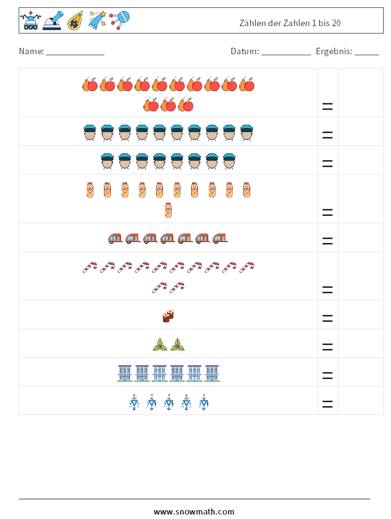 Zählen der Zahlen 1 bis 20 Mathe-Arbeitsblätter 8