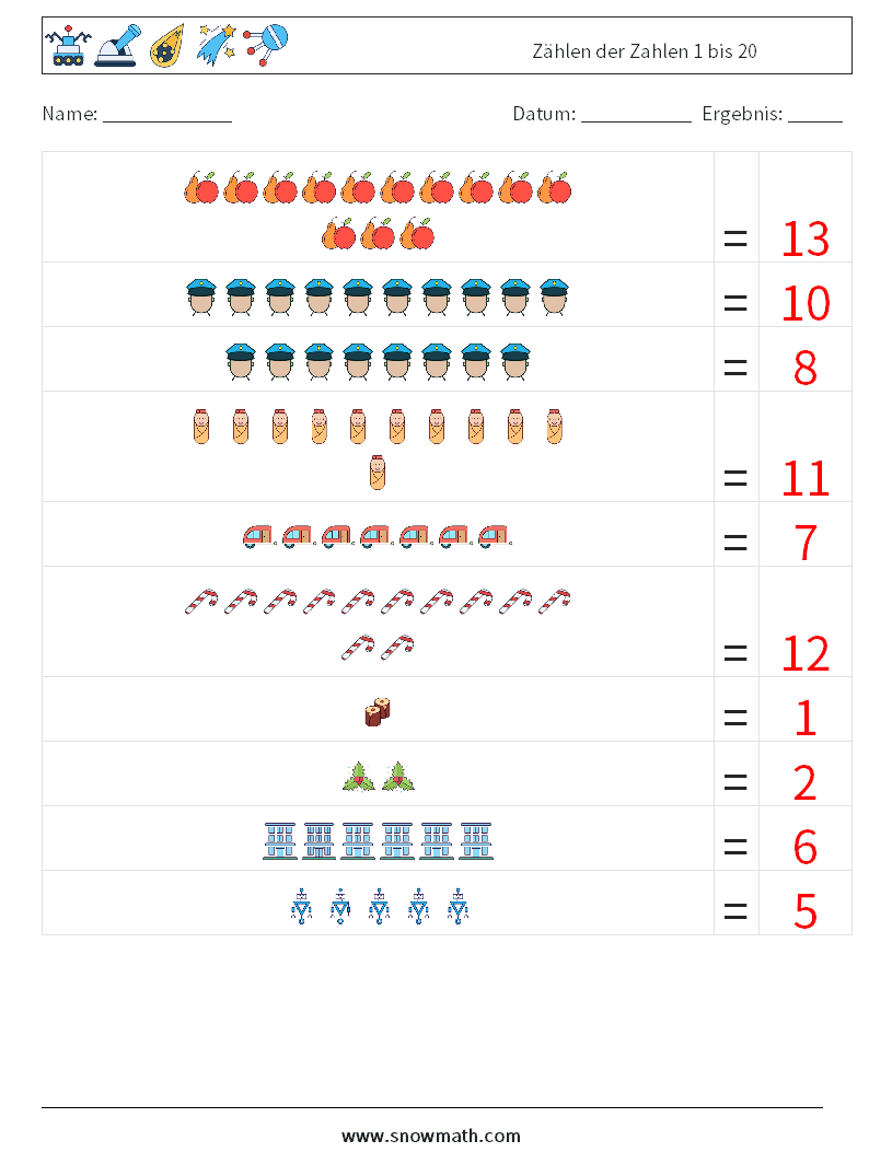Zählen der Zahlen 1 bis 20 Mathe-Arbeitsblätter 8 Frage, Antwort