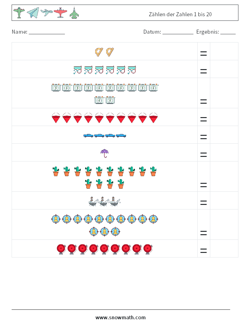 Zählen der Zahlen 1 bis 20 Mathe-Arbeitsblätter 9