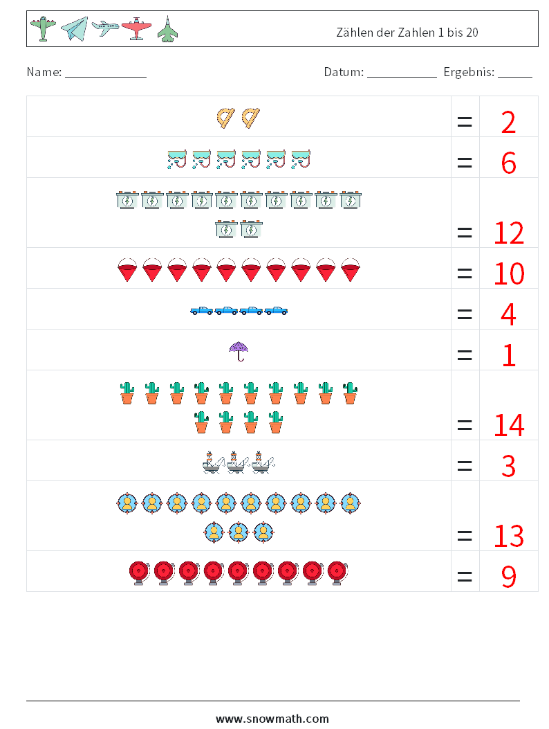 Zählen der Zahlen 1 bis 20 Mathe-Arbeitsblätter 9 Frage, Antwort