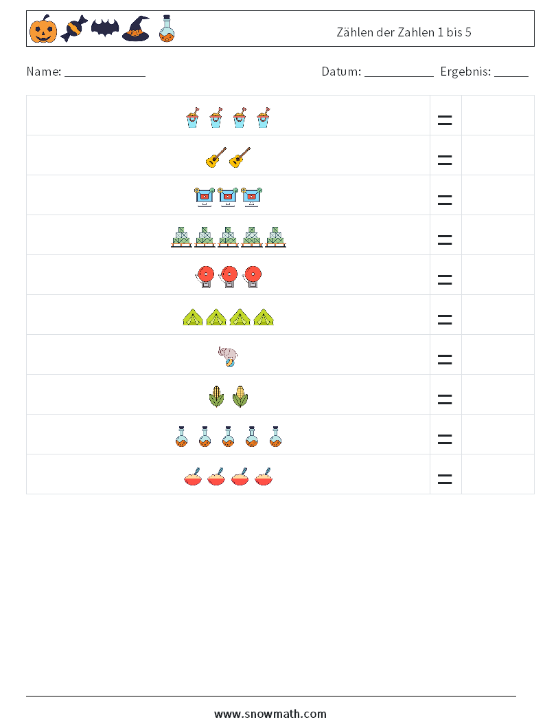 Zählen der Zahlen 1 bis 5 Mathe-Arbeitsblätter 1