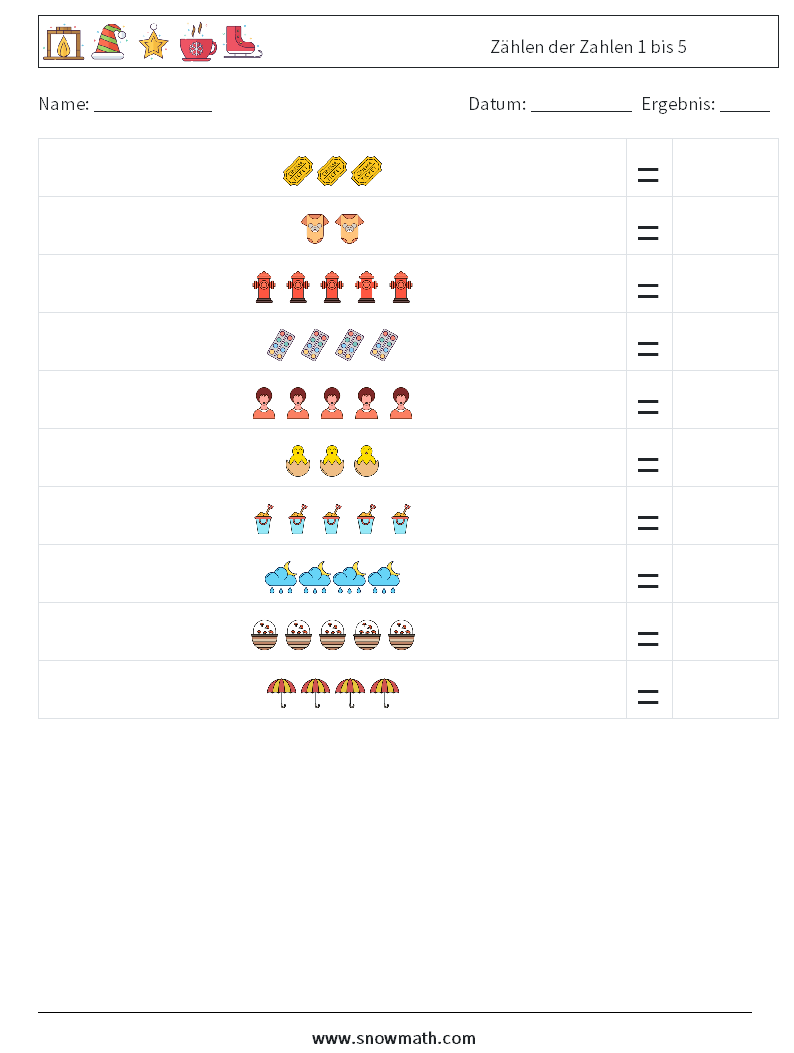 Zählen der Zahlen 1 bis 5 Mathe-Arbeitsblätter 10