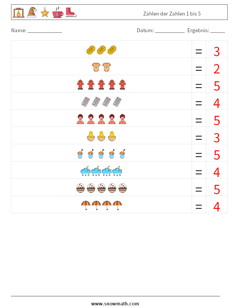 Zählen der Zahlen 1 bis 5 Mathe-Arbeitsblätter 10 Frage, Antwort