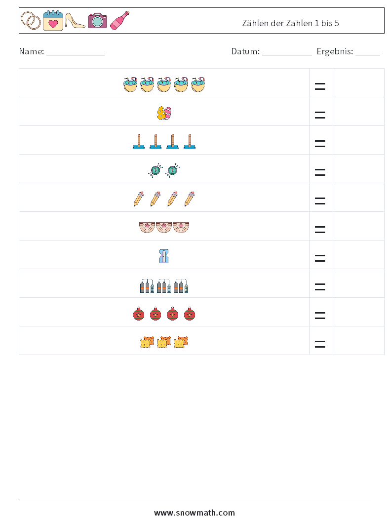 Zählen der Zahlen 1 bis 5 Mathe-Arbeitsblätter 11