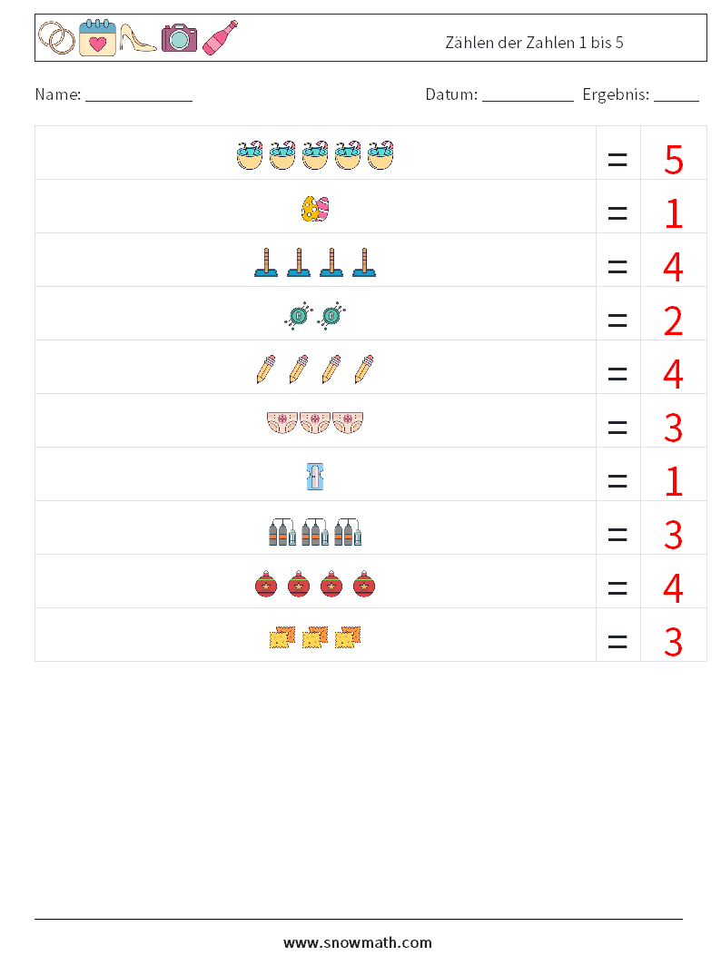 Zählen der Zahlen 1 bis 5 Mathe-Arbeitsblätter 11 Frage, Antwort