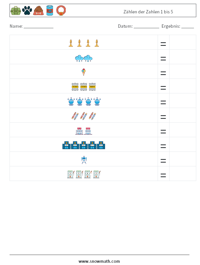 Zählen der Zahlen 1 bis 5 Mathe-Arbeitsblätter 12
