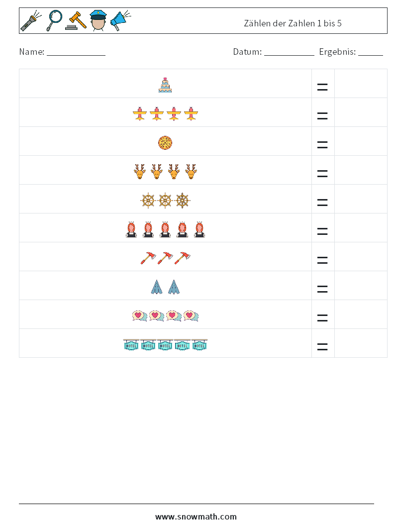 Zählen der Zahlen 1 bis 5 Mathe-Arbeitsblätter 13